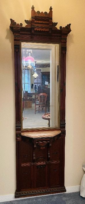 #56 - $595 - Eastlake walnut skinny hall mirror with marble stand  • 84high 24wide 10deep 