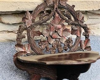 #62 - $68 - highly carved with leaves and floral shelf  • 12high 12wide 8deep