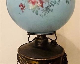 #86 - $525 - Victorian floor lamp with blue hand painted globe shade on metal base   • 67high 14across
