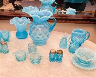 #88- Fenton hobnail & thumbprint blue pitcher / vase / tables vessels.  Priced individually. Lge pitcher $75