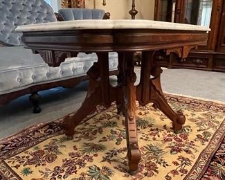 #90 - $395 Eastlake coffee table walnut & original marble top  • 23high 34wide 24deep 