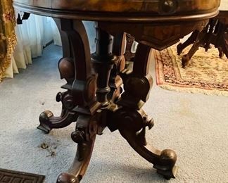 #91 - $695 - 19th century burl walnut Parlor table, oval top with original marble top, carved legs.  • 38wide 29high 25deep 