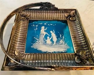 #93 - $395 - Mary Gregory wedding basket blue on quadruple plate! A rare find! 9x9