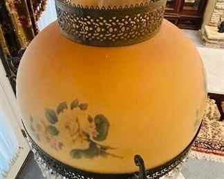 #92 - $395 Victorian figural lamp of maiden, dome shaped yellow shade with roses and crystal prisms.   • 38 high