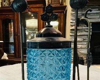 #94 - $60 Victorian pickle castor blue jar with tong 