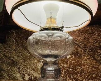 #96 - $90 Old glass oil lamp with lavender floral glass shade 
