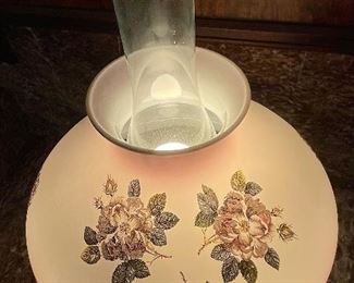#96 - $90 Old glass oil lamp with lavender floral glass shade 