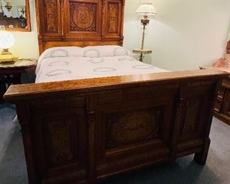 #97 - $2,995. - Exquisite C.1865 Victorian Roccoco 
4 pieces bedroom suite:
1-High back bed with mattress • 85high 62wide 84deep 
2- The Washstand with marble top • 76high 36wide 20deep
3- the Dresser 5 drawer dresser with swinging mirror • 79high 53wide 24deep
4- the Tall chest with six drawers & lockside side • 61high 34wide 20deep