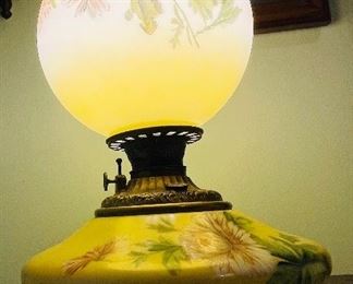 #98 - $250 Victorian hand painted yellow lamp with top globe and fat base. Unusual shape and color. • 22high 12across 