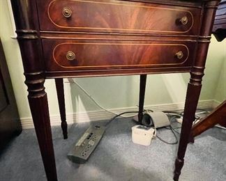 #102 - $180 Mahogany side table with two drawers & fluted legs • 27high 21wide 16deep 