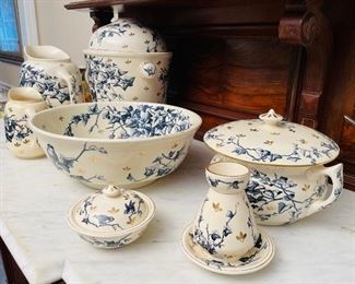 #111 - $400 English Ridgeway wash set Bower pattern blue and white Ivy (7 pieces) 
Washbasin  • 6high 15across 
large pitcher • 12high 10across 
small pitcher • 8high 6across 
large chamber with lid • 16high 14across
small chamber with lid  • 6high 10across 
Carafe with saucer 6high • 6across
Soap dish– three pieces • 4high 6across 