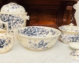 #111 - $400 English Ridgeway wash set Bower pattern blue and white Ivy (7 pieces) 
Washbasin  • 6high 15across 
large pitcher • 12high 10across 
small pitcher • 8high 6across 
large chamber with lid • 16high 14across
small chamber with lid  • 6high 10across 
Carafe with saucer 6high • 6across
Soap dish– three pieces • 4high 6across 