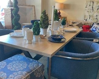 Table Decor, Assorted White Vases, Plates, Stools, Upholstered Blue Dining Chair with Silver Base