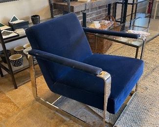 Blue Velvet Upholstered Chair with Silver Base, Glass Side Table