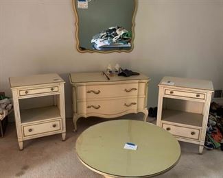 Broyhill French Provincial bedroom set.  Armoire, 2 drawer chest, round glass top table. Kindel bedside tables  