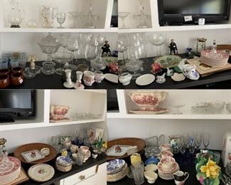 A counter full of China, Glass, Stemware, Dishes. 
