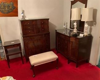 Vintage bedroom suite by Romweber including tall and short dressers, night stand and matching bench