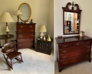 Antique Americana Bedroom Set, with tall and short dressers, accent mirrors, and cabinet