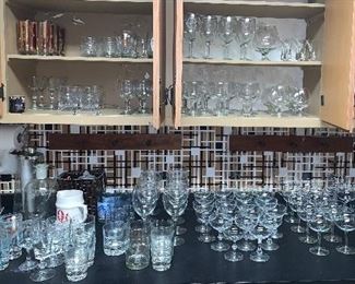 Bar glasses, stemmed, vintage shot glasses, wine glasses, cups, pitchers