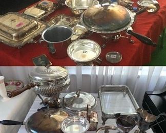 Unique assortment of service ware, mostly Silver Plate  excellent for entertaining 