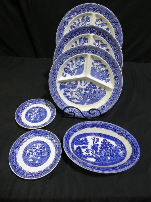 3 Blue Willow Divided Dinner Plates, & More