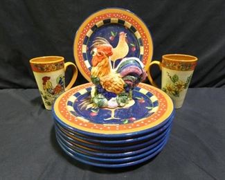 Rooster Plates, Napkin Holder & Mugs