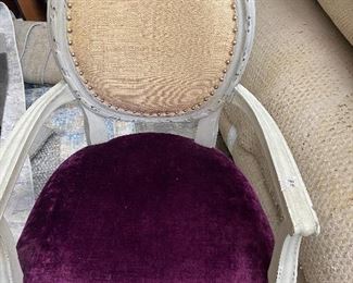 Purple Velvet Base Chair.  Wicker Backing.  Wooden White Wash Base.