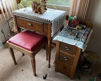 sewing machine, cabinet; stool