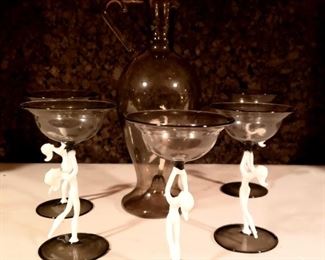(5)VINTAGE PLASTIC DANCING GIRL STEM BAR GLASSES W/DECANTER