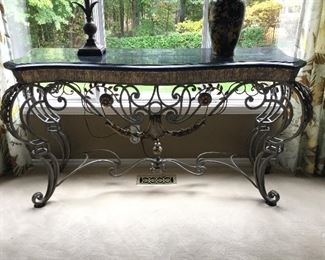 CONSOLE TABLE 64 L X 36H X 21D  SCROLLED IRON BASE AND FAUX MARBLE TOP