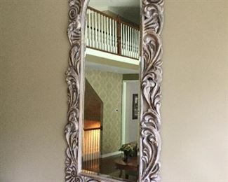 APPROX. 6 FT. + TALL WALL MIRROR GREY WASH SCROLLED RESIN FRAME