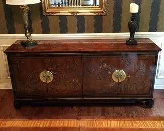 CARVED WOOD CONSOLE/BUFFET 68L X 30H X 18D BY HERITAGE - A UNIQUE AND COLLECTIBLE PIECE