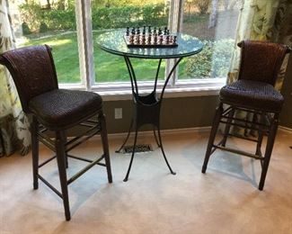 Thomasville Ernest Hemingway Collection Marlin Pattern Leather and Rattan Bar Stools