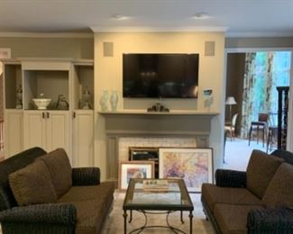 BROWN LEATHER BARREL CHAIRS                                            (2)  RATTAN & UPHOLSTERED LOVE SEATS                                                