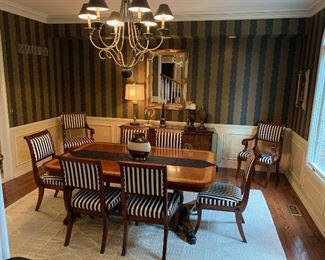 Baker Furniture Double Pedestal Dining Table w/6  Baker Armless Chairs, 2 Arm Chairs & 3 Leaves.    