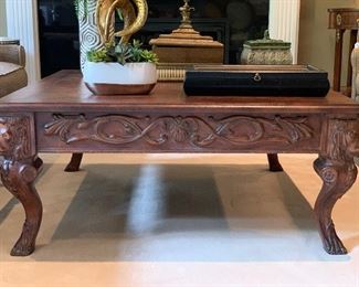  Wood Cocktail Table w/Leather Top & Lion Carved Legs