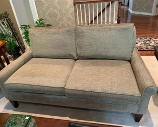 (2)  Essentials for Century Furniture Loveseats custom upholstered in a taupe chenille corduroy fabric 