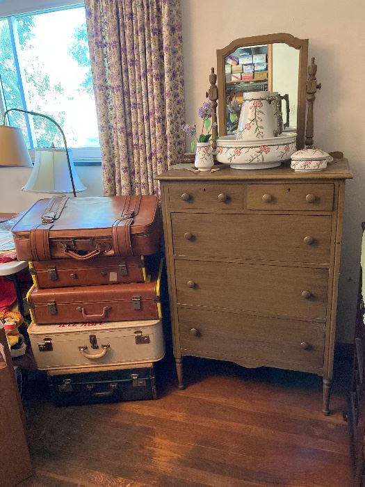 Vintage luggage in original Boxes Bowl and Pitcher Set Dresser