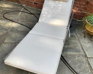$295 AS IS - Barlow Tyrie  “Capri” / Park Place (Washington DC) teak chaise lounge with cover pad ; 78" L x 25.5" W; seat height 12".  As Is (screw missing on lounge base).