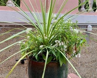 $120 - Green speckled ceramic planter; 12.5" H x 14" diameter