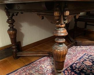 1920's Eastlake or Jacobian Style Dining Table with Extension Leaves, Beautiful Vintage Area Rug