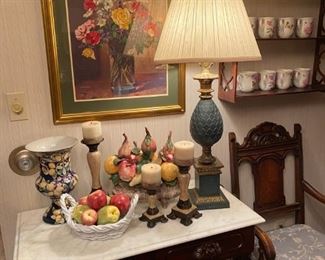 Beautiful Mahogany Entry Table with Marble Top, Vintage Pineapple Lamp, Lenox Tea mugs