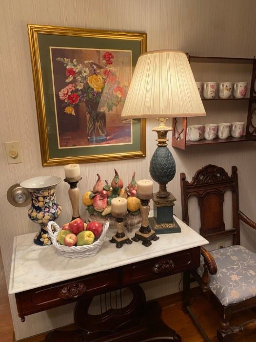 Beautiful Mahogany Entry Table with Marble Top, Vintage Pineapple Lamp, Lenox Tea mugs