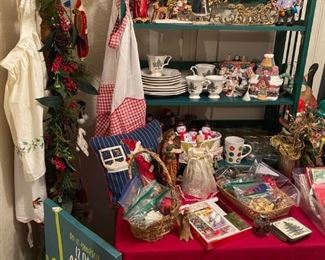 Vintage Christmas Aprons, Vintage Christmas decor and ornaments, traditional ornaments, Box of various mini trees for decor, 10 stockings, nutcrackers, Christmas dishware, mugs, candle holders, tree topper angel and more!
