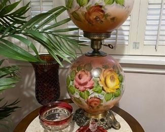 Vintage Electric Hurricane Lamp with handpainted roses and exquisite pink Waterford glassware