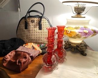 Tory Burch Handbag, Cranberry Glass Vases, Vintage Electric Hurricane Lamp, Vintage Battenburg Lace Tea Table Cloth