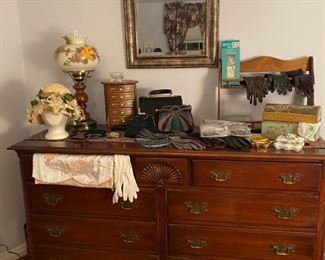 Vintage Mahogany Dresser by David Cabinet Co., Vintage Electric Hurricane Lamp, Vintage Christian Dior Hat