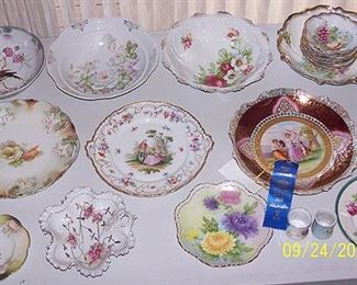 Hand painted china plates and bowls, one R S Prussia plate