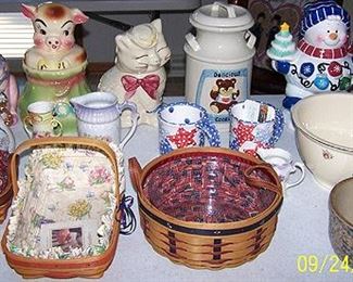 Cookie jars, Pugh pottery, spongeware and Longaberger baskets