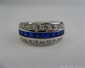 Imitation Sapphire and CZ Band in Sterling Silver